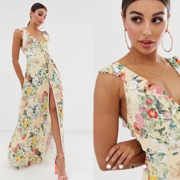ASOS Dresses & Skirts - ASOS Yellow Floral Printed Ruffle Wrap Maxi Dress
